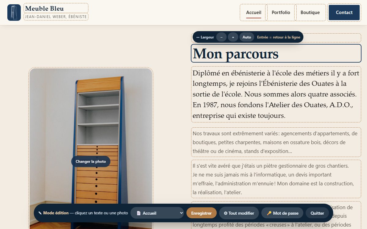 Mode édition : textes et photo modifiables sur la page